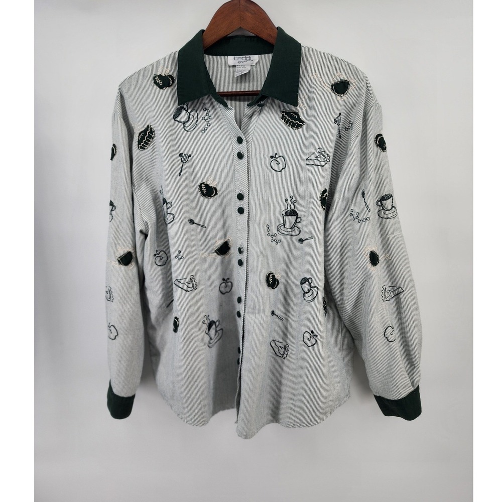 Teddi Vintage Coffee Tea Pie‎ Embroidered Striped Button Down Shirt L
